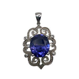 925 Sterling Silver Filigree Pendant Blue Tanzanite CZ China HT Vintage Style